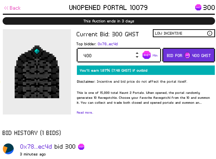 The GBM auction screen for Aavegotchi’s Haunt 2 sale. An unopened portal is listed at a current bid of 300 GHST under a LOW INCENTIVE setting, with a field to bid 400 GHST and a green banner reading “You’ll earn 1.87% (7.48 GHST) if outbid”. Below, the bid history shows one bid of 300 GHST placed three minutes earlier.